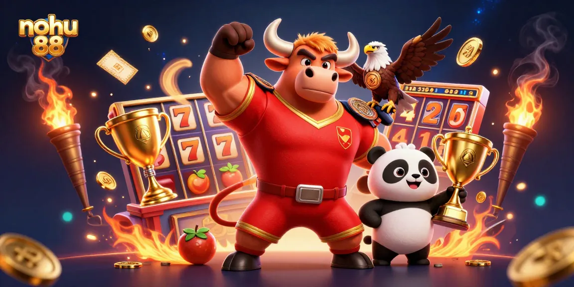 Nohu 88 showcases energetic gaming atmosphere featuring jackpots, slot reels, and vibrant 3D characters.