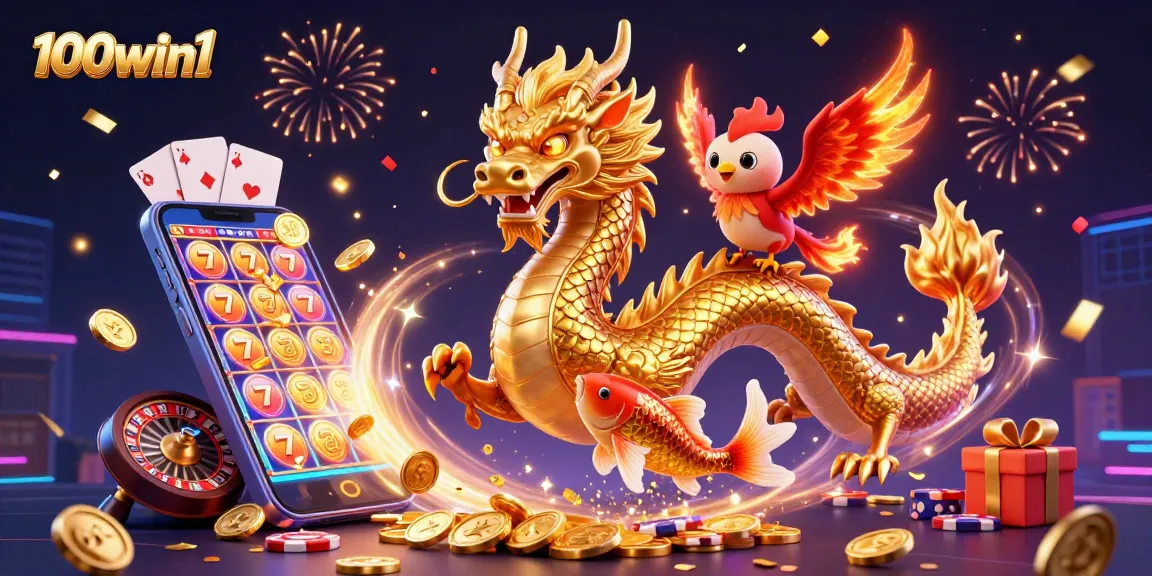 Engage in thrilling gameplay with 100win1's vibrant casino illustration featuring a dragon, phoenix, and koi.