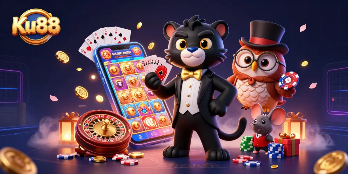 Engage with Ku88's thrilling casino adventures featuring a panther dealer, wise owl, and lucky mouse.