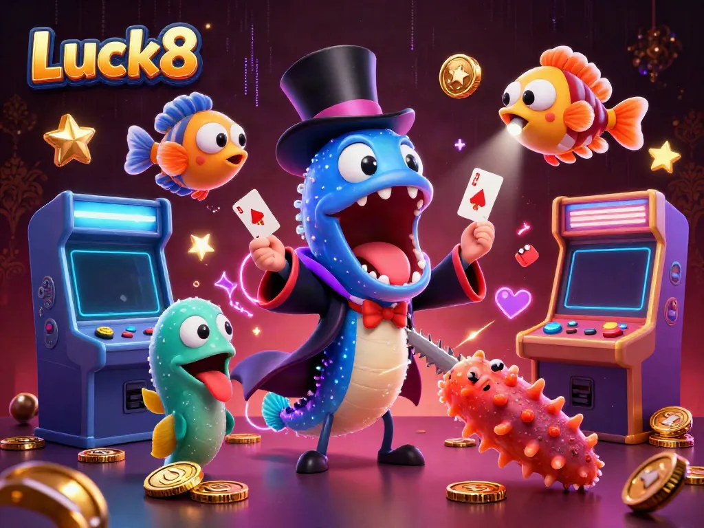 Luck8's vibrant casino-themed illustration featuring creatures in an underwater magic act.