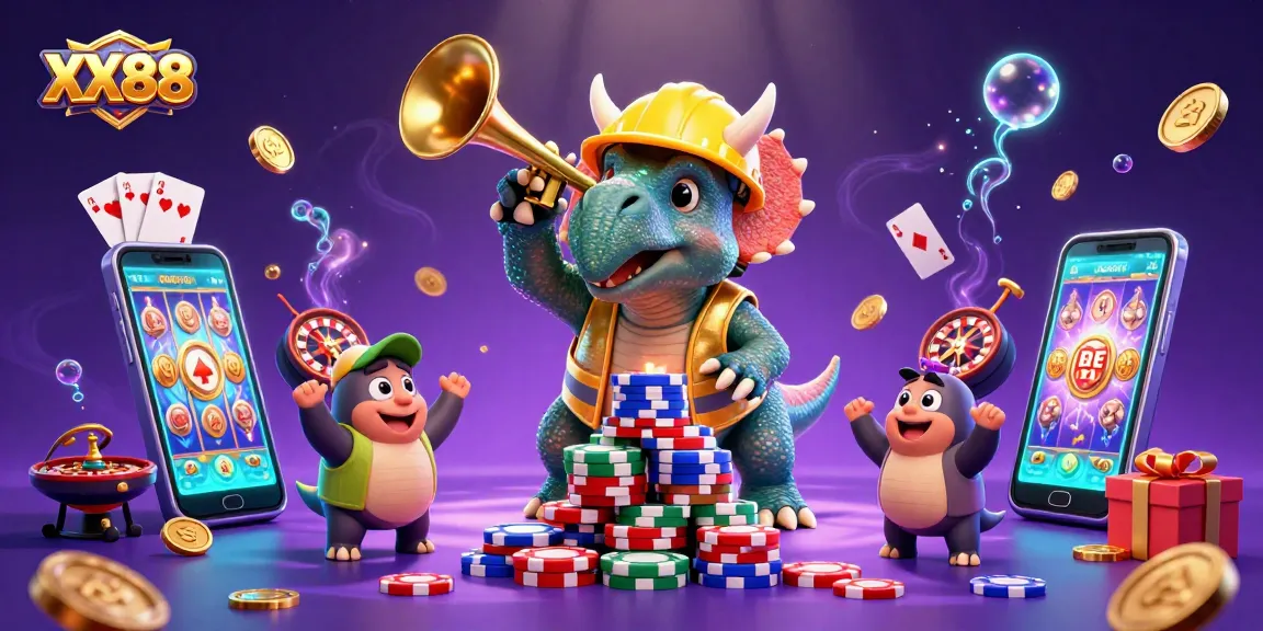 Join the fun at XX88 with a vibrant 3D illustration showcasing a triceratops building poker chips, celebrating casino excitement.
