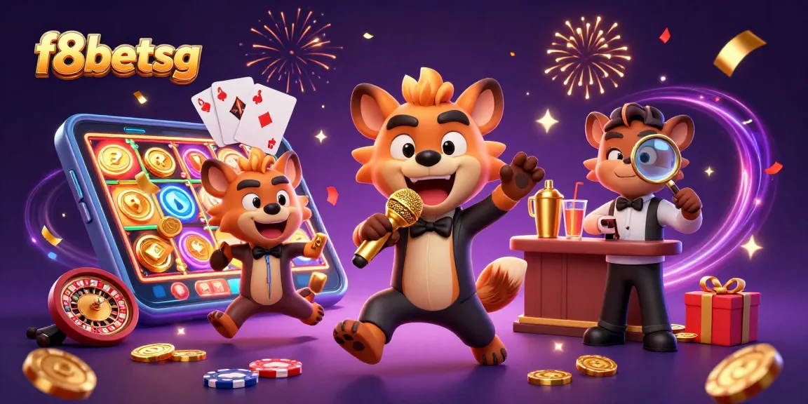 Experience the vibrant world of f8betsg with playful hyenas in a casino setting, showcasing energetic gaming elements and celebration.