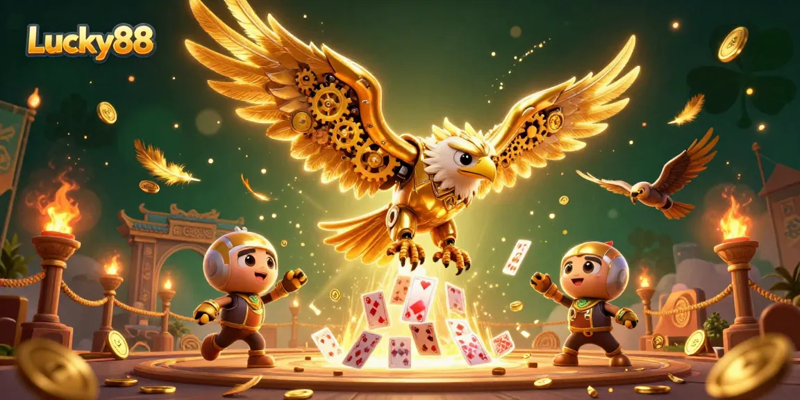Engage in thrilling gameplay with Lucky88's captivating casino scene featuring golden eagle and holographic cards.