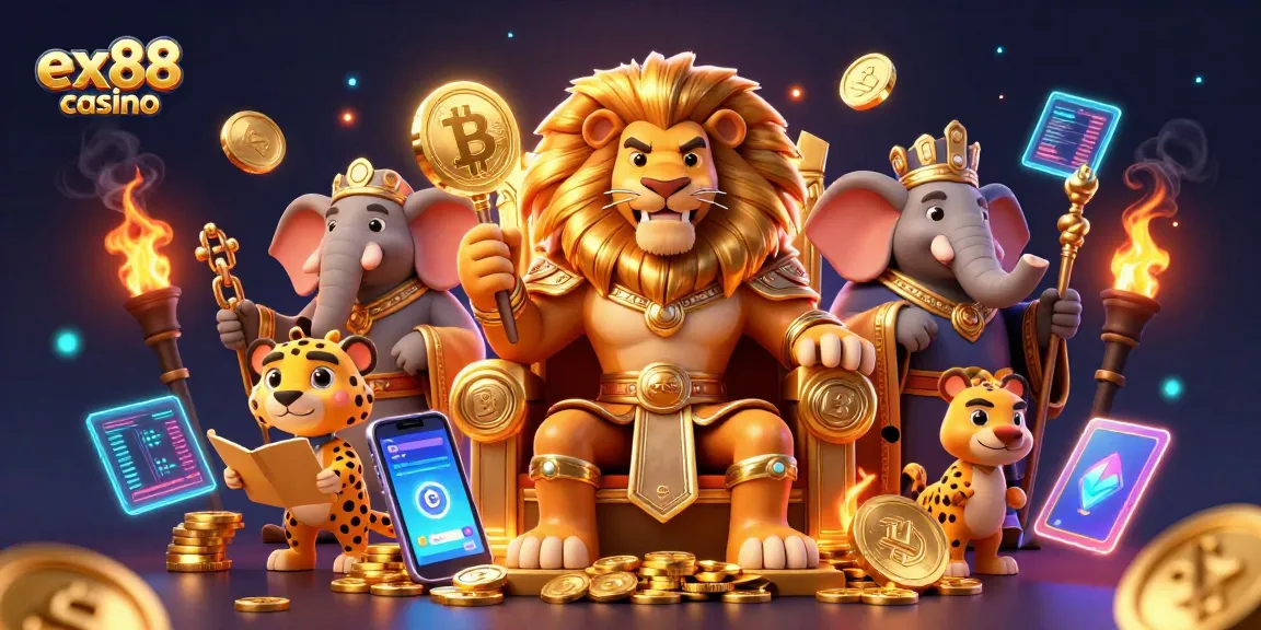Experience the excitement of ex88 casino with vibrant characters and crypto elements in a dynamic gaming scene.