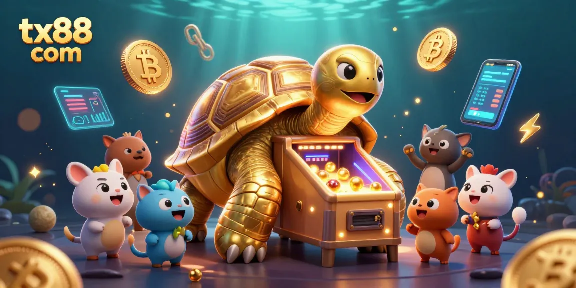 Engage in exciting games at tx88 com with a vibrant scene of a pinball tortoise and crypto elements.