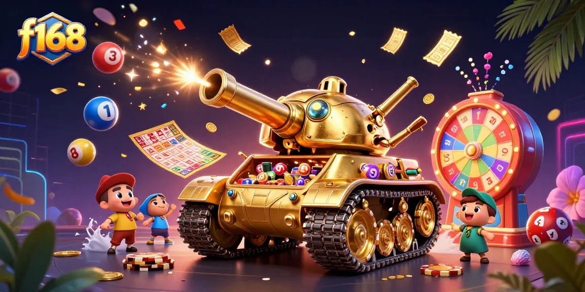 Experience the excitement of f168 with dynamic lottery balls and a golden casino beetle tank bursting with energy.