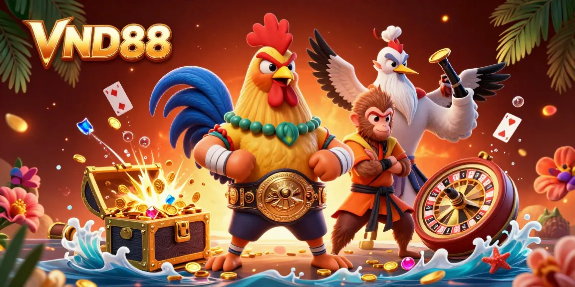 VND88 offers exciting betting opportunities illustrated with dynamic characters and casino elements.