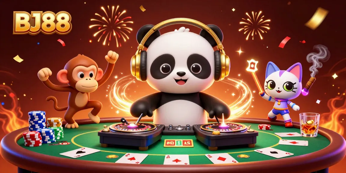 Experience BJ88's thrilling casino vibes with our vibrant DJ panda and dancing monkey!