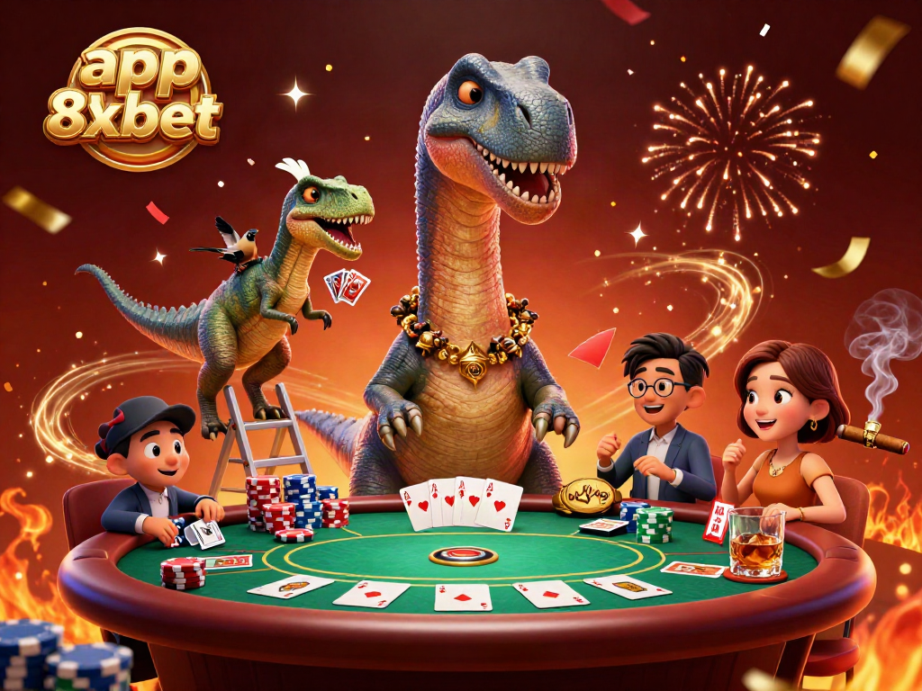 Play poker with app 8xbet featuring a brontosaurus and raptor in a vibrant casino scene.