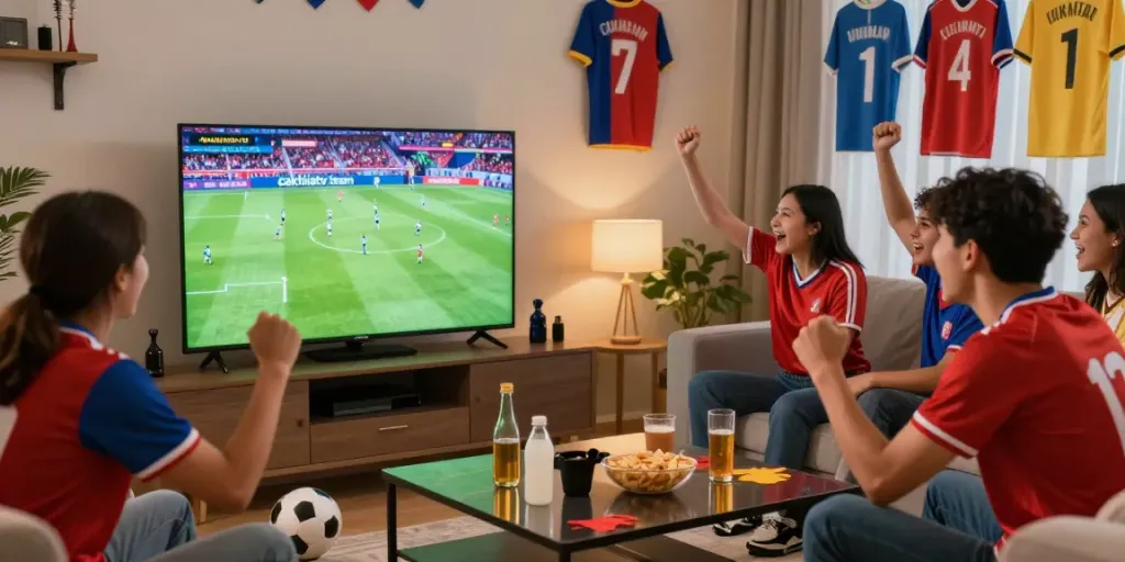 Friends enjoying a lively football match on cakhiatv.team in a cozy living room.