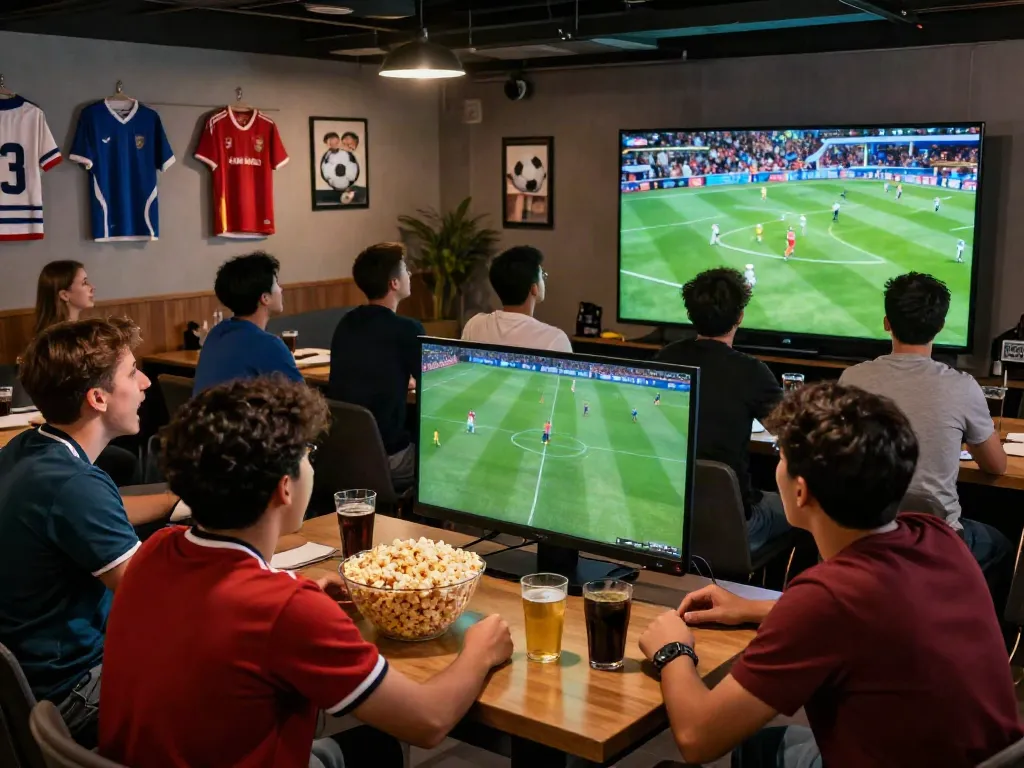 Excited fans enjoying a gà vàngtv football match in a lively lounge setting