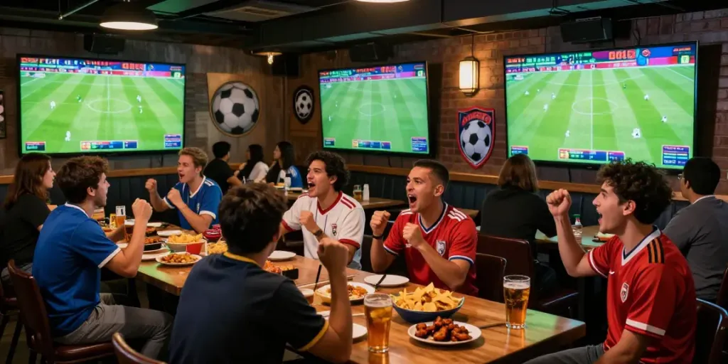 Excited fans enjoying a live match on socolive8.media in a vibrant sports bar atmosphere.