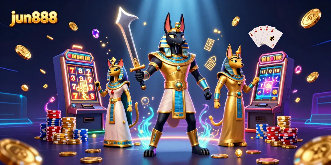 Experience thrilling moments with jun888 as the Anubis warrior and sacred cat amidst casino wins.