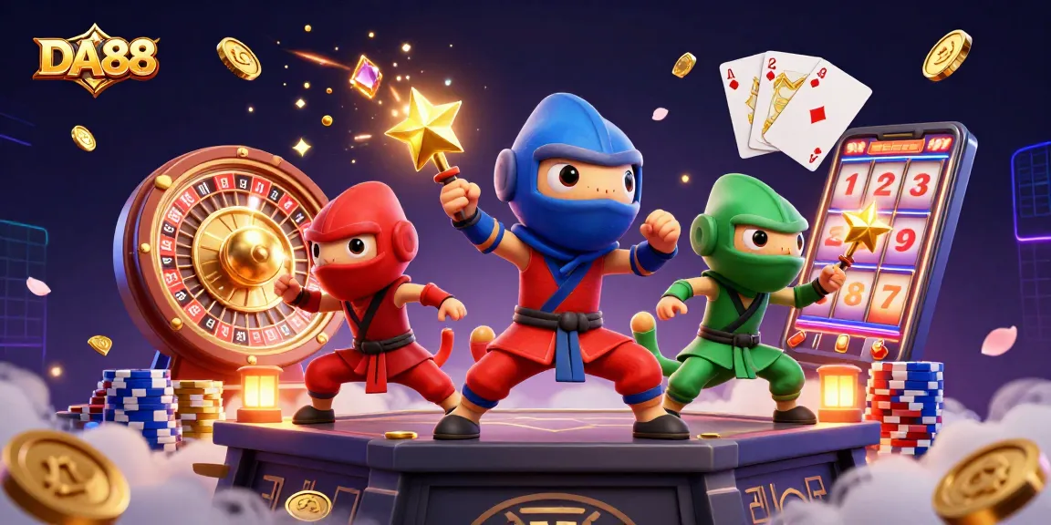 Engage with DA88's thrilling casino experience featuring ninja chameleons amidst golden coins and roulette.