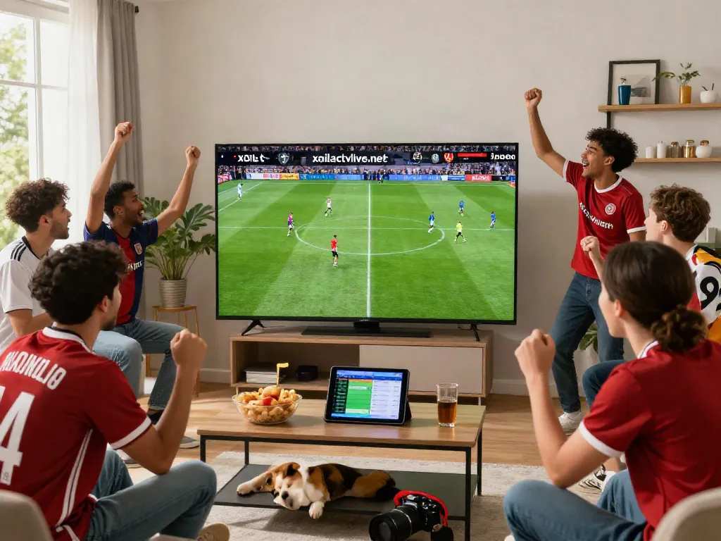 Football fans enjoying the live match on xoilactvlive.net with excitement and camaraderie.