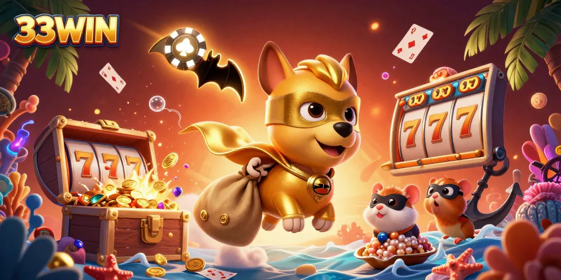 33WIN showcases a vibrant casino adventure with a superhero dog and hamster amidst rich slot game elements.