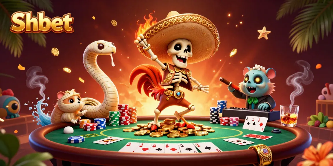 Shbet showcases festive casino fun with a skeleton rooster and friends celebrating a jackpot.