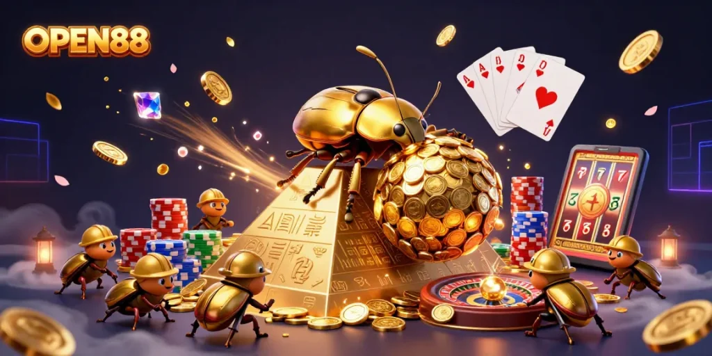Experience the excitement of OPEN88 with vibrant casino elements and a dynamic golden beetle scene.